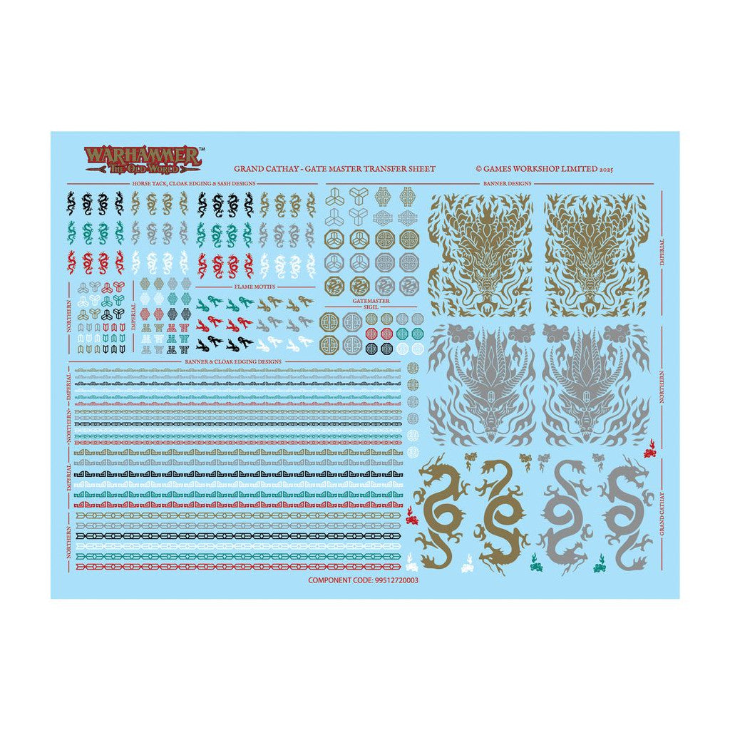 Warhammer Grand Cathay Gate Master transfer sheet featuring gold, silver, red, and blue dragon, flame, and geometric decals