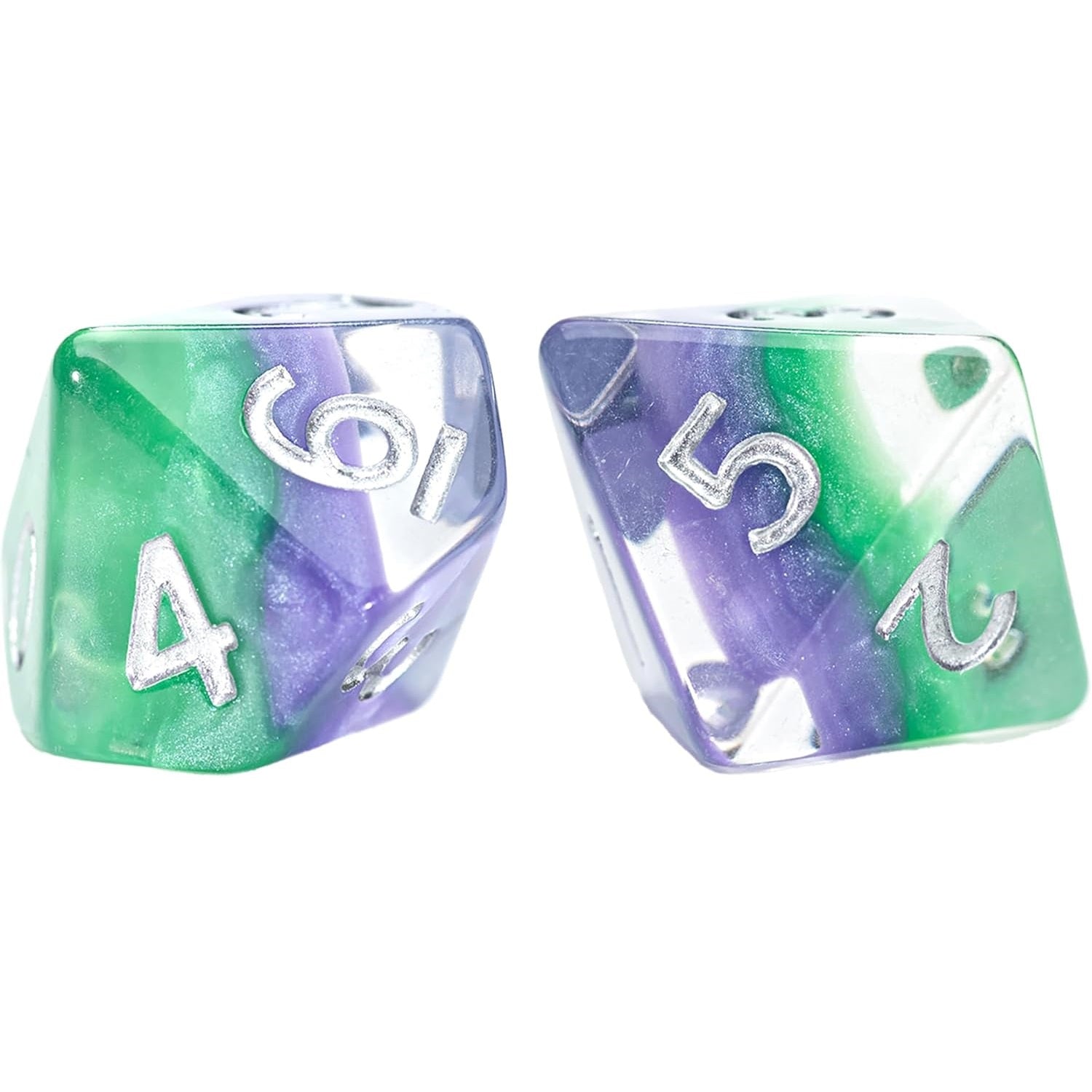 Two translucent green, purple, and clear polyhedral dice with silver numbers 4, 6, 5, and 2 visible