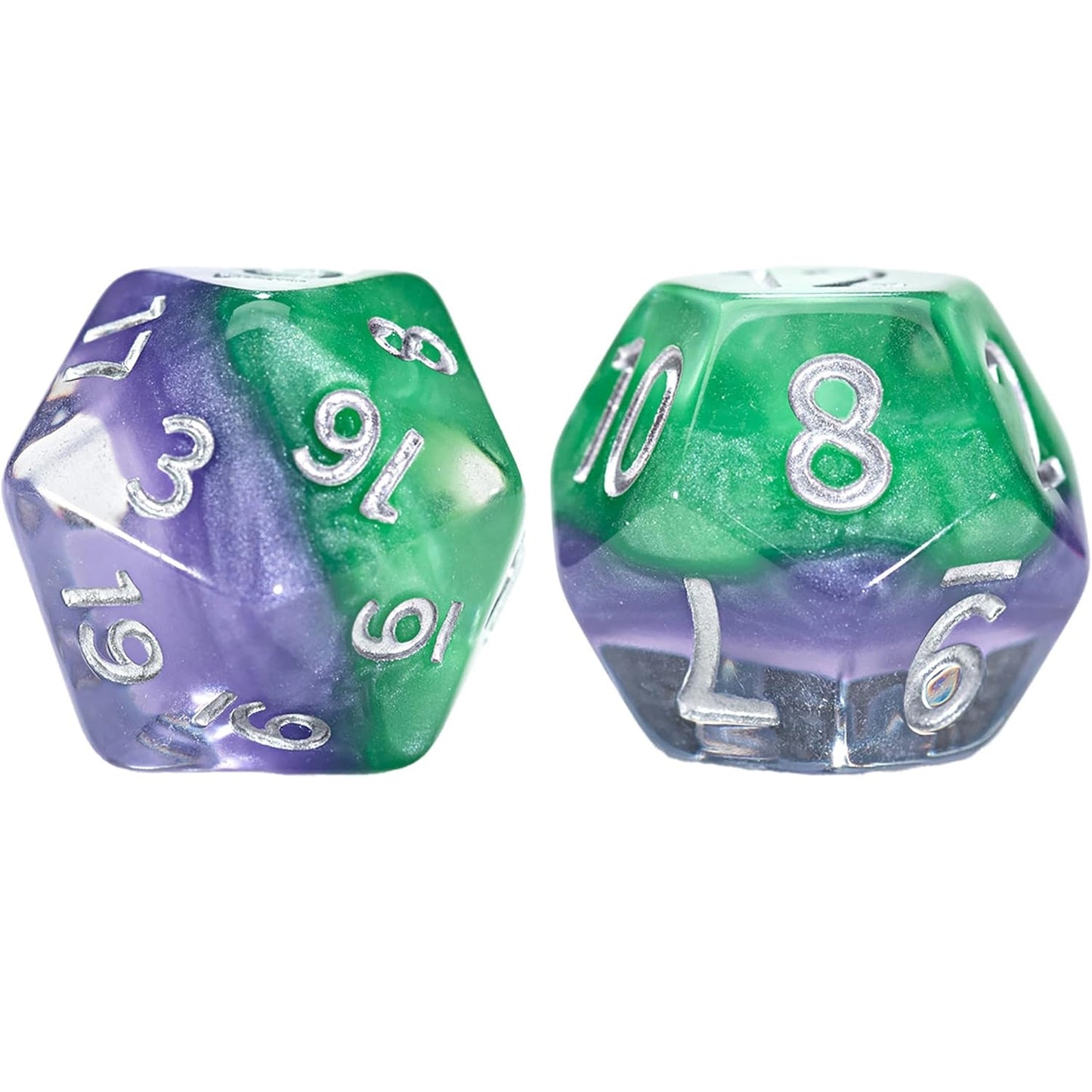 Two swirled green and purple D20 dice with silver numbers