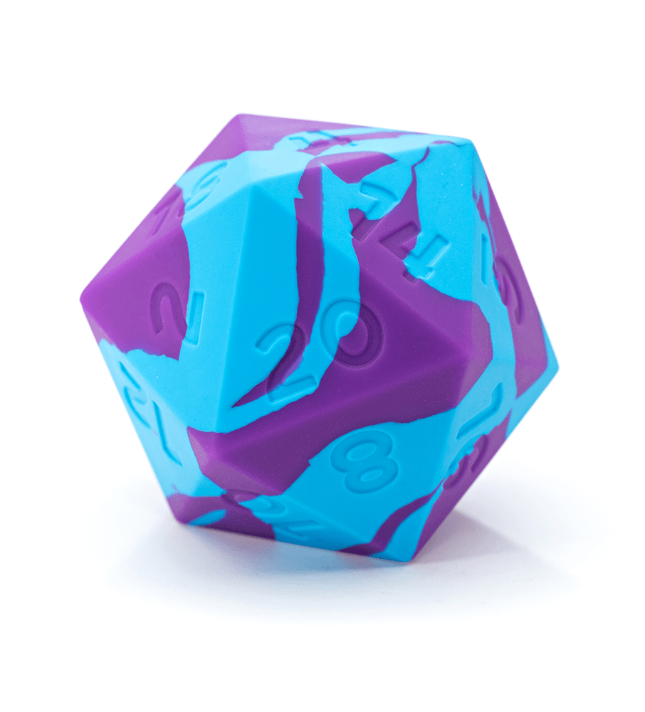 A 20-sided die in swirling purple and cyan, with numbers visible, on white