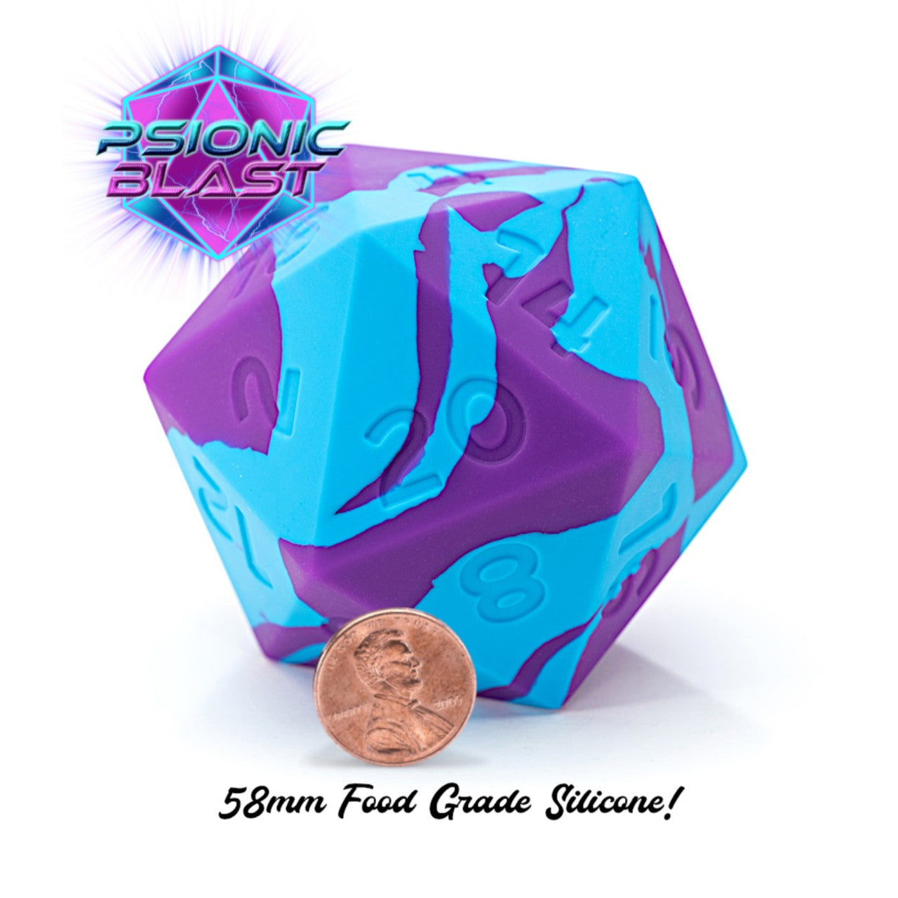 Large, purple and blue swirled silicone d20 die with a penny for scale. Psionic Blast logo