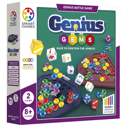 Genius Gems board game box: colorful hexagonal pieces on two boards with dice, for a 'race to position the jewels'