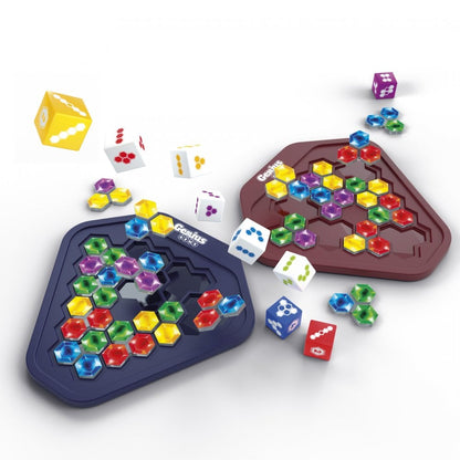 Two Genius board games, blue and maroon, partially filled with colorful hexagonal pieces and surrounded by dice