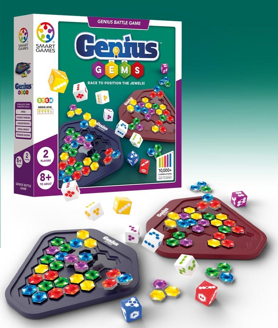 Genius Gems battle board game box, two boards with colorful hexagonal gems, and dice