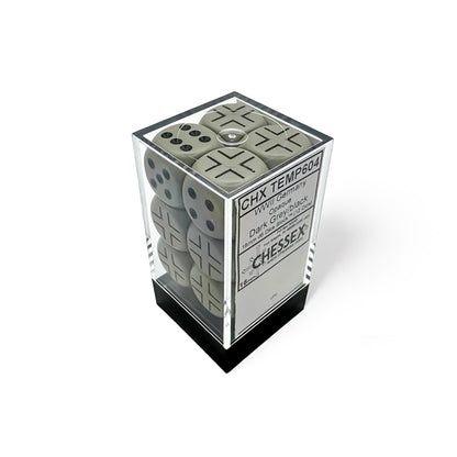 A clear box holds gray Chessex "WWII Germany" dice, featuring crosses and pips