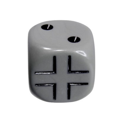 Grey die displaying '2' on top and a prominent black cross symbol on its front face