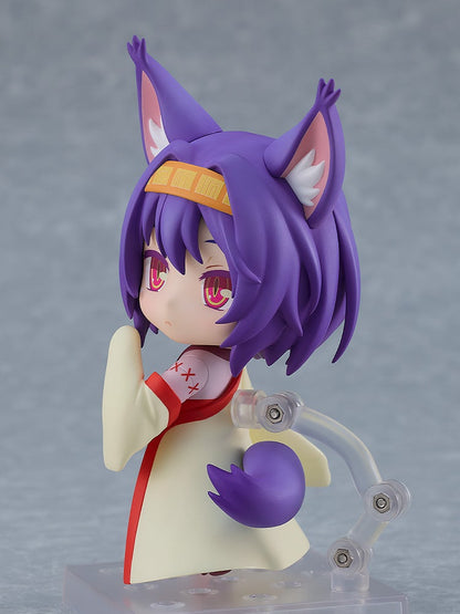 Side view of nendoroid figure of anime character with purple hair and fox ears wearing a flowing white kimono and red bow tie