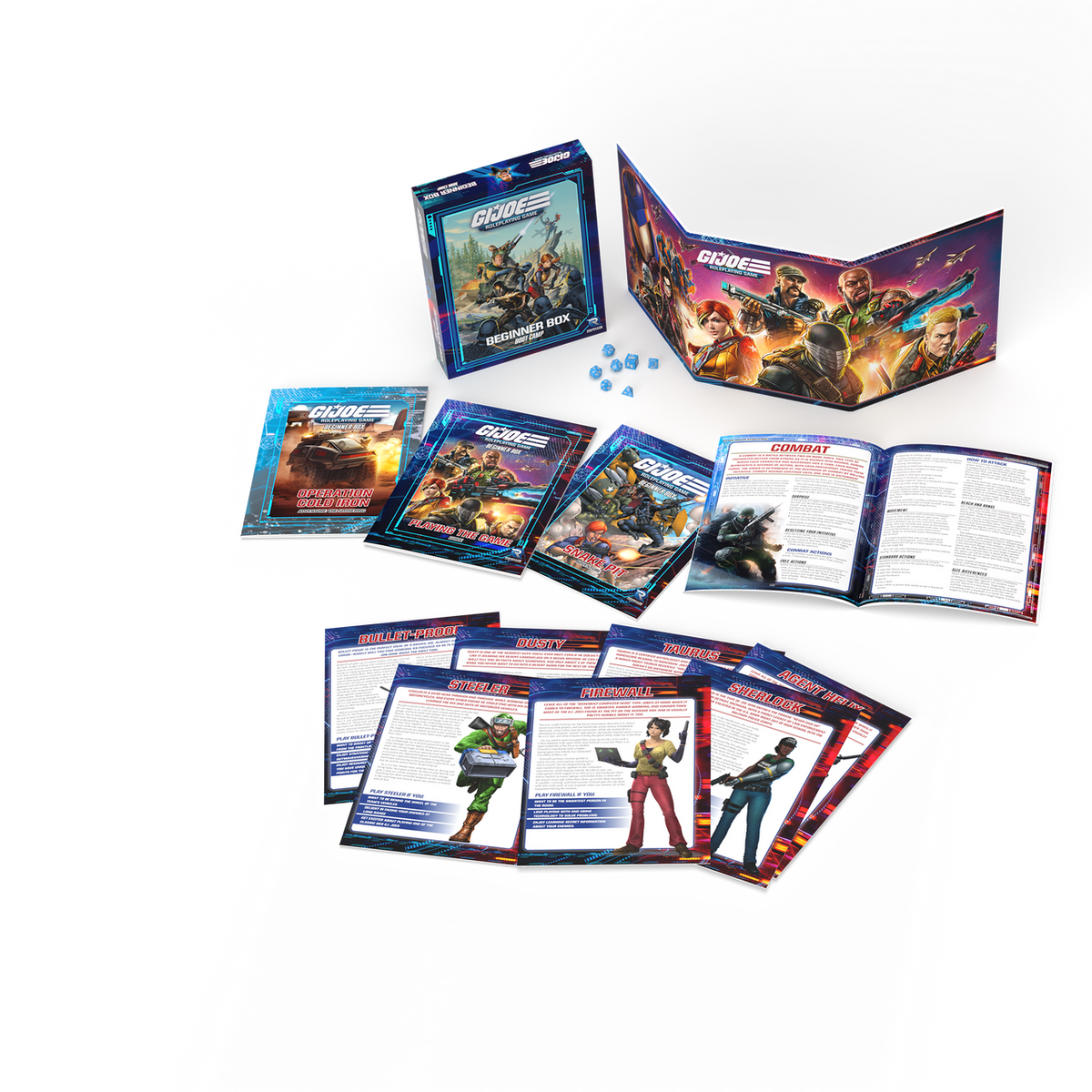 G.I. Joe Roleplaying Game Beginner Box with rulebooks, GM screen, dice, and character sheets laid out