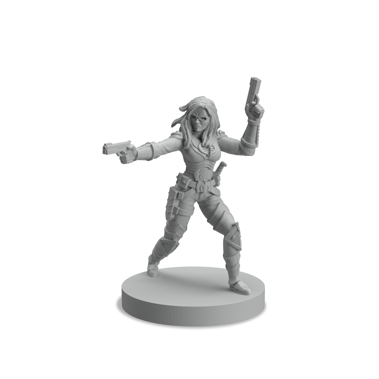 Gray resin miniature of a female character with two pistols in an action pose