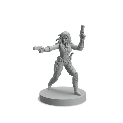 Gray resin miniature of a female character with two pistols in an action pose