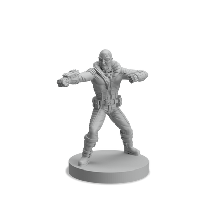 Gray miniature of a sci-fi male character in a futuristic armored suit ready for action on a circular base