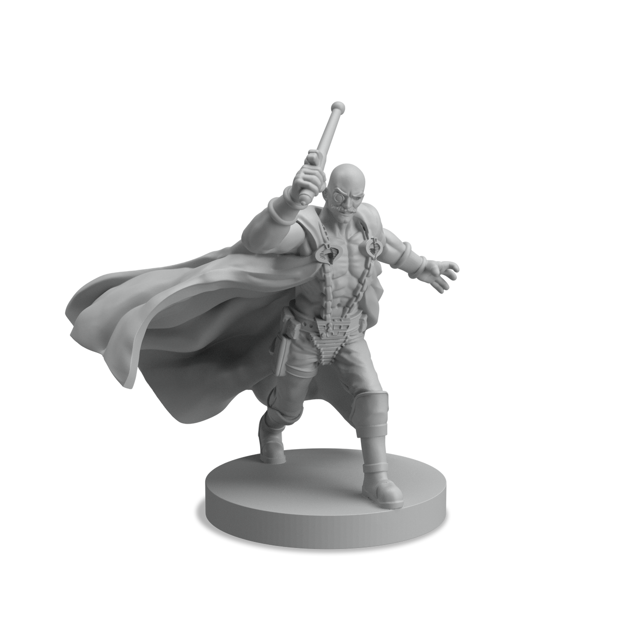 Gray miniature of a bald human male figure in a long cape holding a blunt weapon and wearing a monocle and chest chains