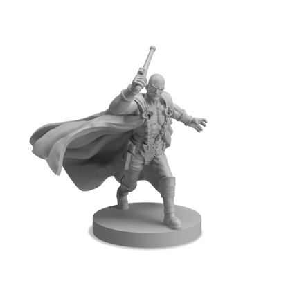 Gray miniature of a bald human male figure in a long cape holding a blunt weapon and wearing a monocle and chest chains