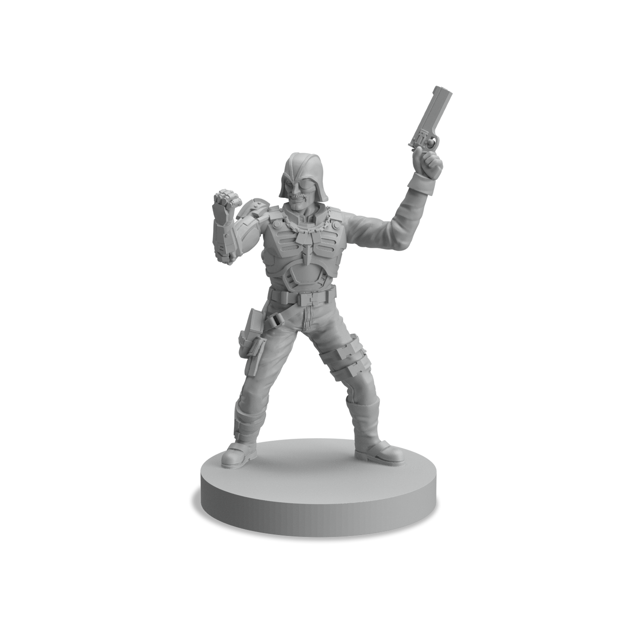 Gray miniature figurine of a masked warrior holding a gun and grenade in a dynamic pose on a circular base