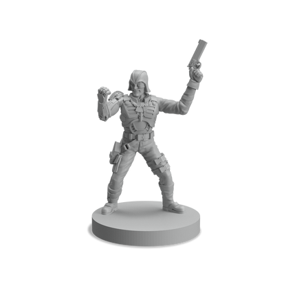 Gray miniature figurine of a masked warrior holding a gun and grenade in a dynamic pose on a circular base