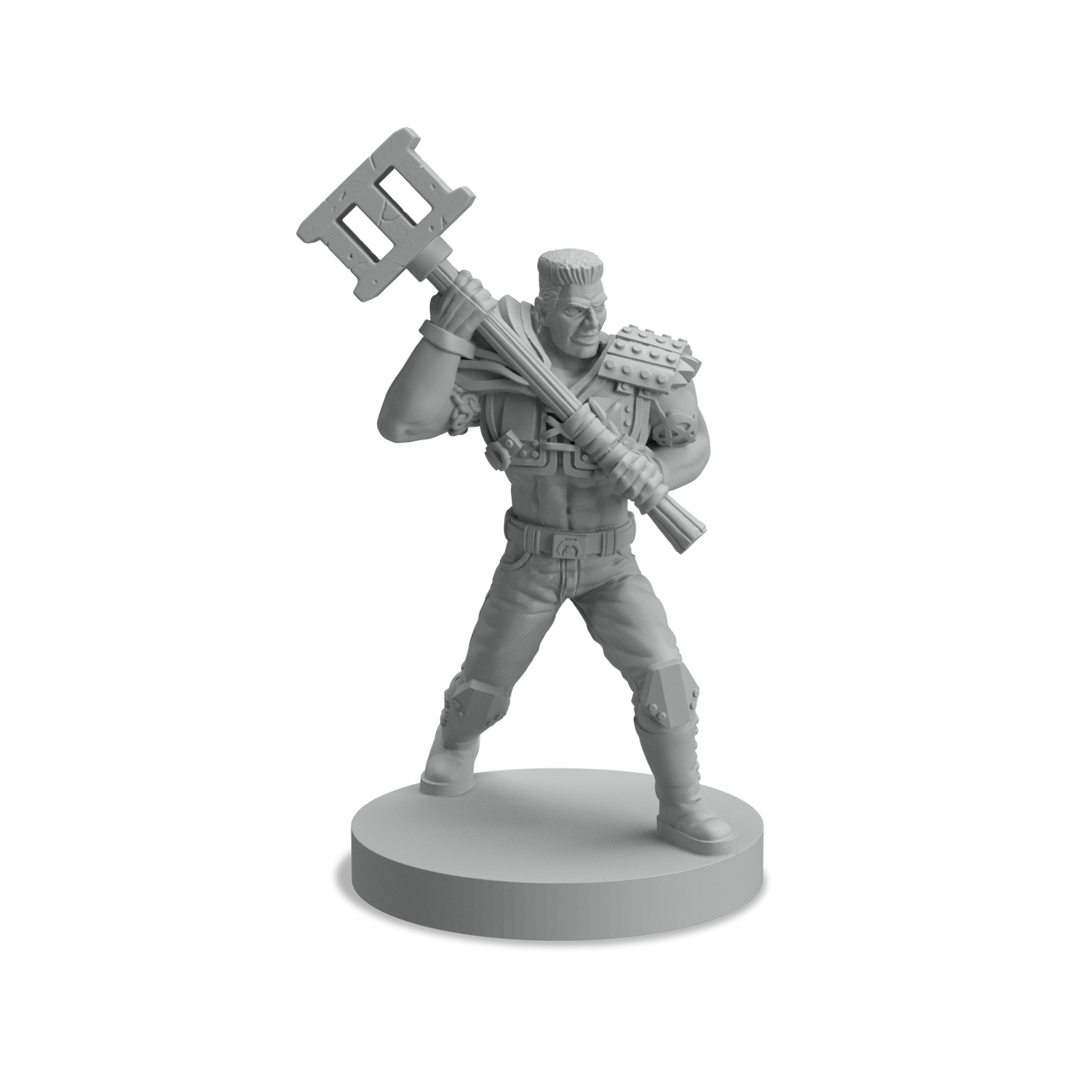 Gray monochrome miniature figurine of a fierce warrior with a hammer over his shoulder