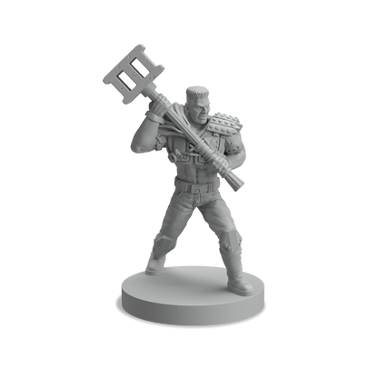 Gray monochrome miniature figurine of a fierce warrior with a hammer over his shoulder
