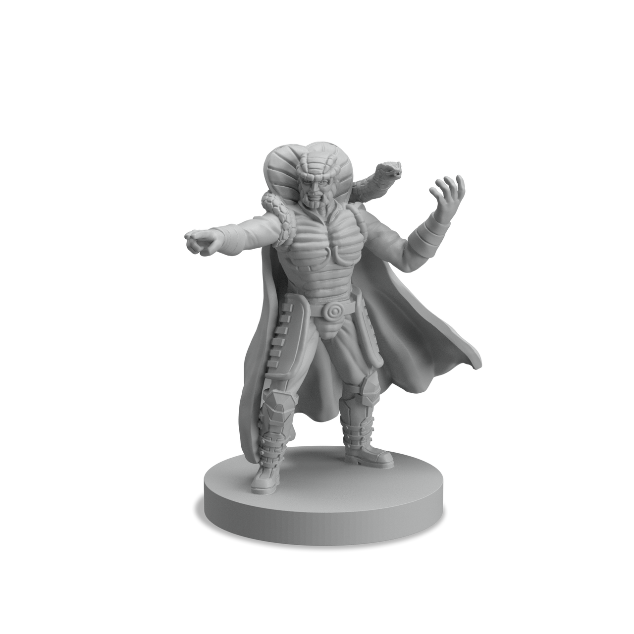 Gray alien miniature figure with a cobra hood head layered armor and flowing cape posed on a circular base