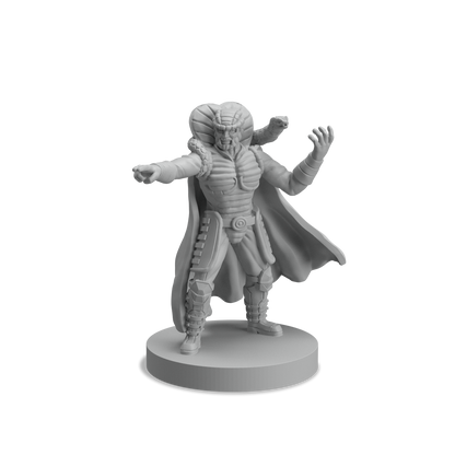 Gray alien miniature figure with a cobra hood head layered armor and flowing cape posed on a circular base