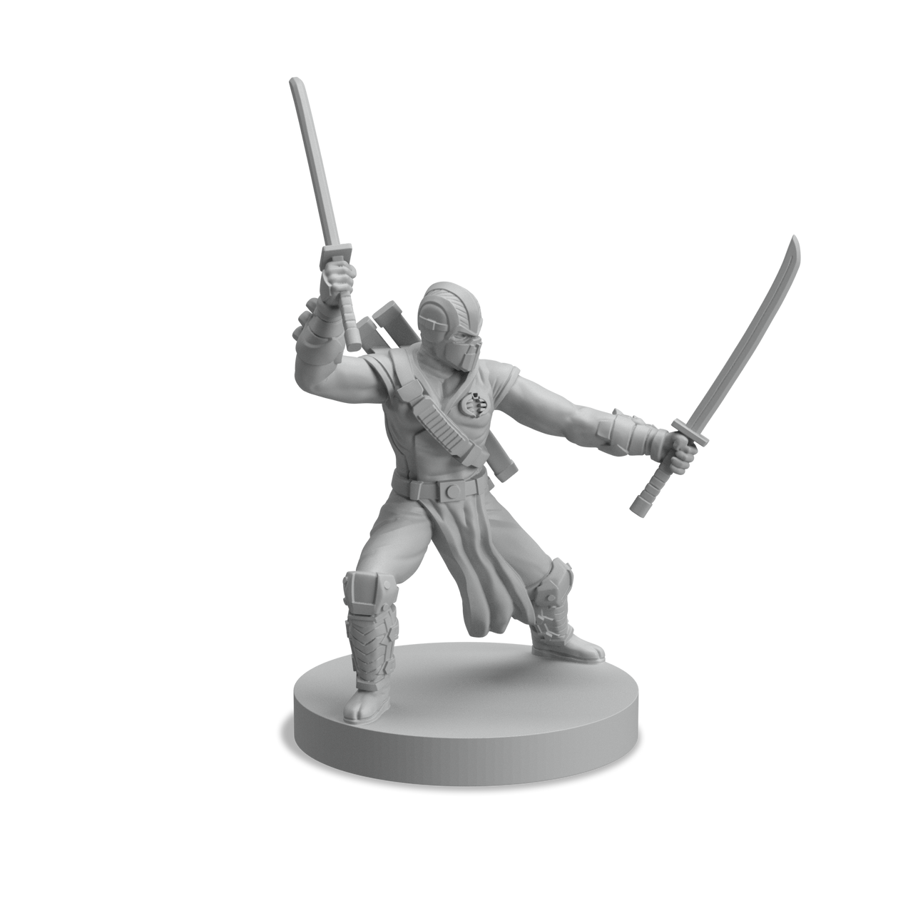 Gray miniature figurine of a masked warrior holding two swords in a dynamic pose