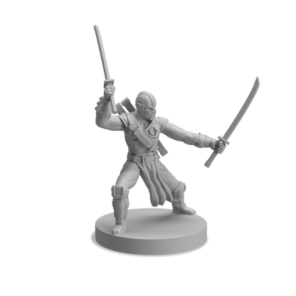 Gray miniature figurine of a masked warrior holding two swords in a dynamic pose