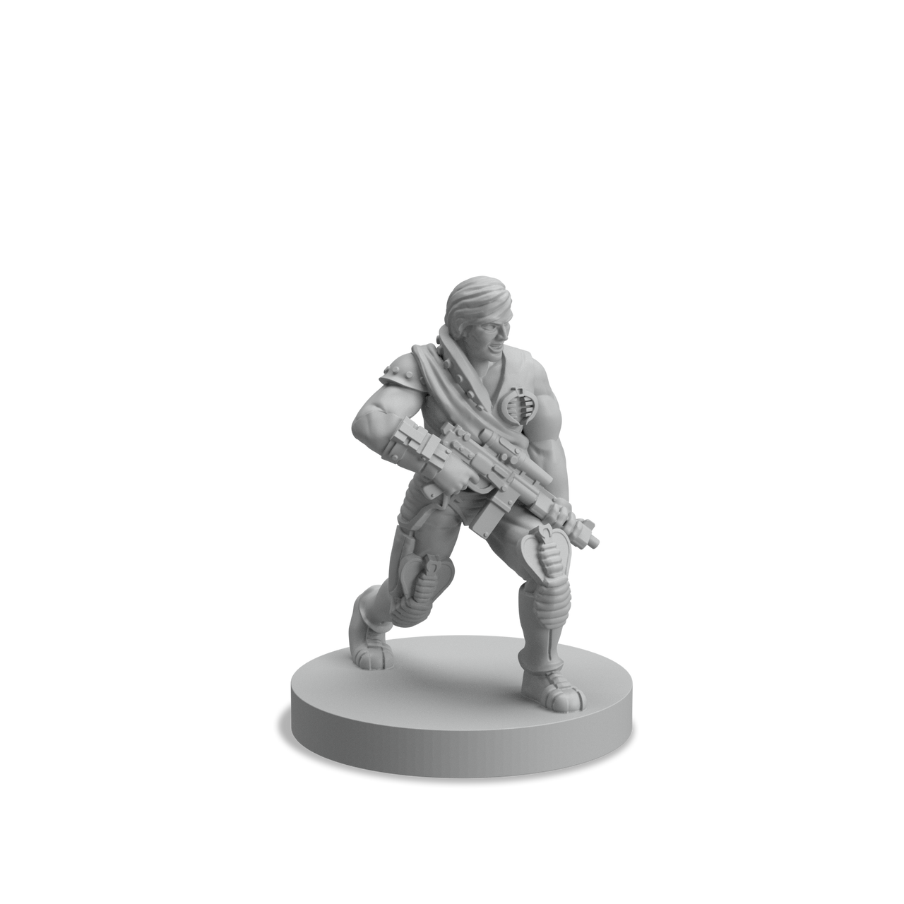 Gray 3D printed miniature figure of a futuristic soldier aiming a rifle