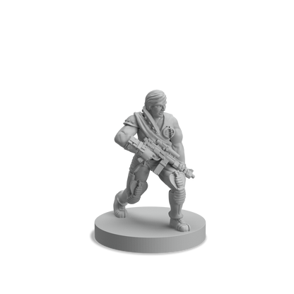 Gray 3D printed miniature figure of a futuristic soldier aiming a rifle