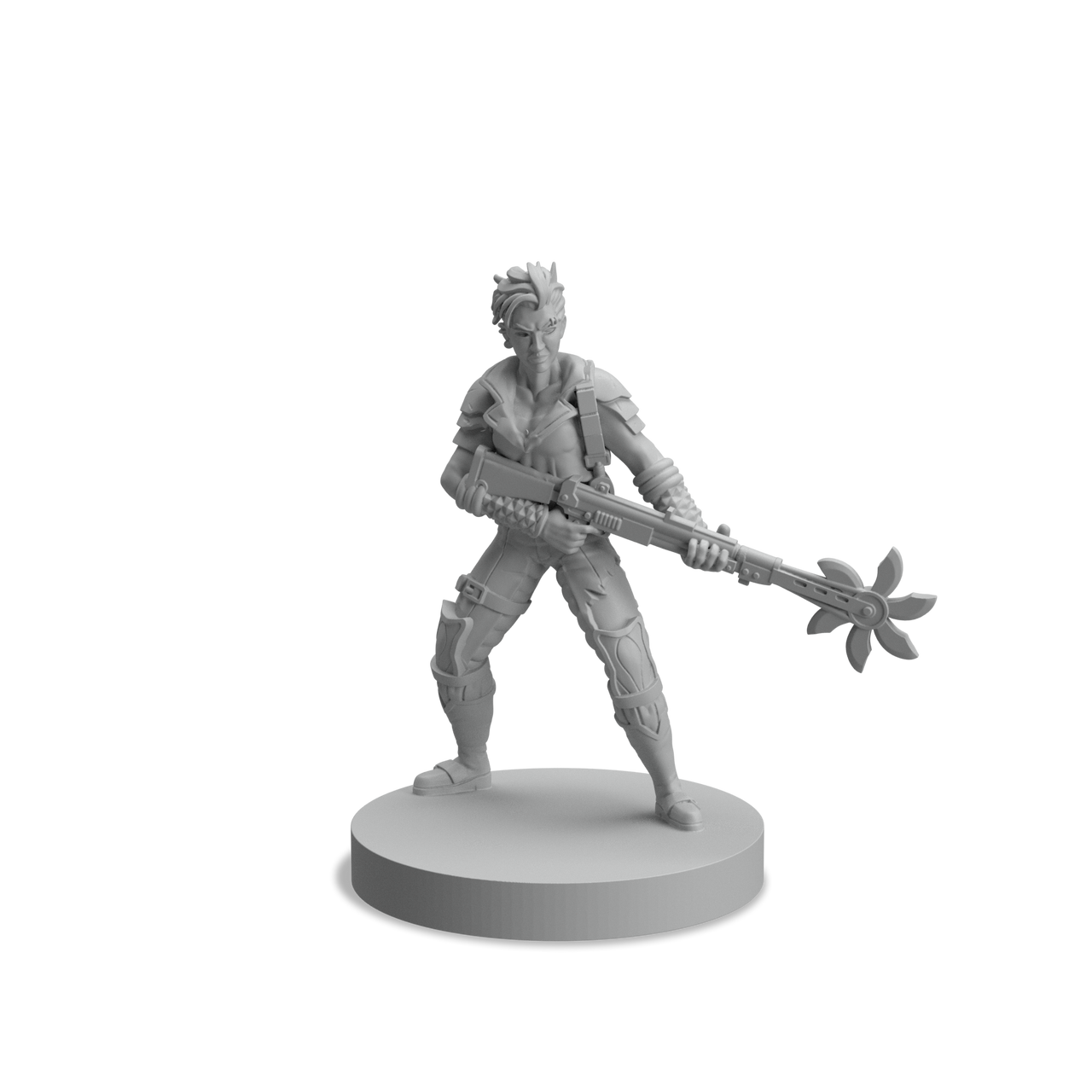 Gray 3D miniature figurine of a human character standing with a unique weapon on a circular base