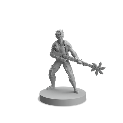 Gray 3D miniature figurine of a human character standing with a unique weapon on a circular base