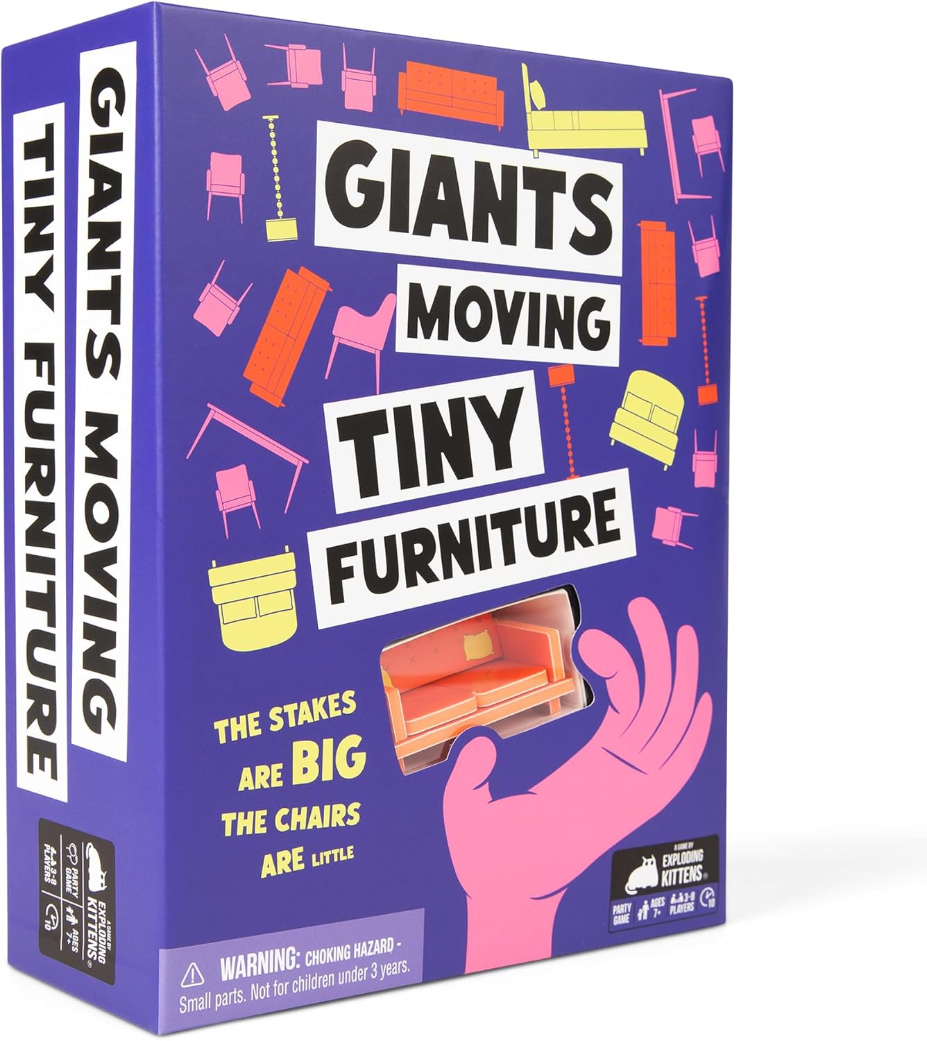 Giants Moving Tiny Furniture board game box. Purple, with colorful furniture surrounding a pink hand holding a tiny sofa