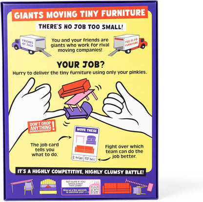 Game box art for "Giants Moving Tiny Furniture". Giant hands use pinkies to move miniature couches, tables, and chairs