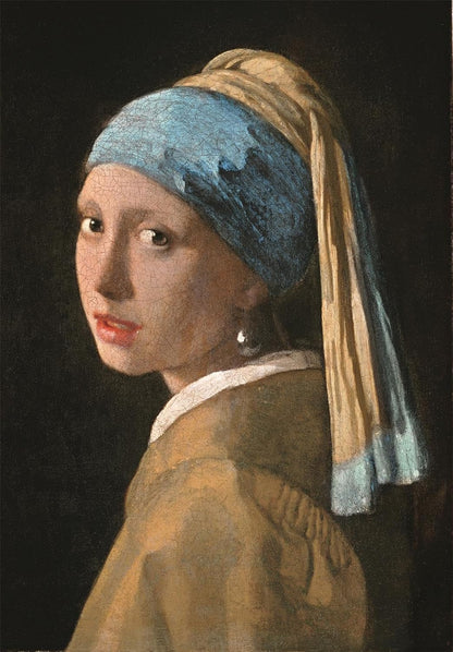 Portrait of a young woman in a blue and gold turban, wearing a pearl earring, looking over her shoulder at the viewer