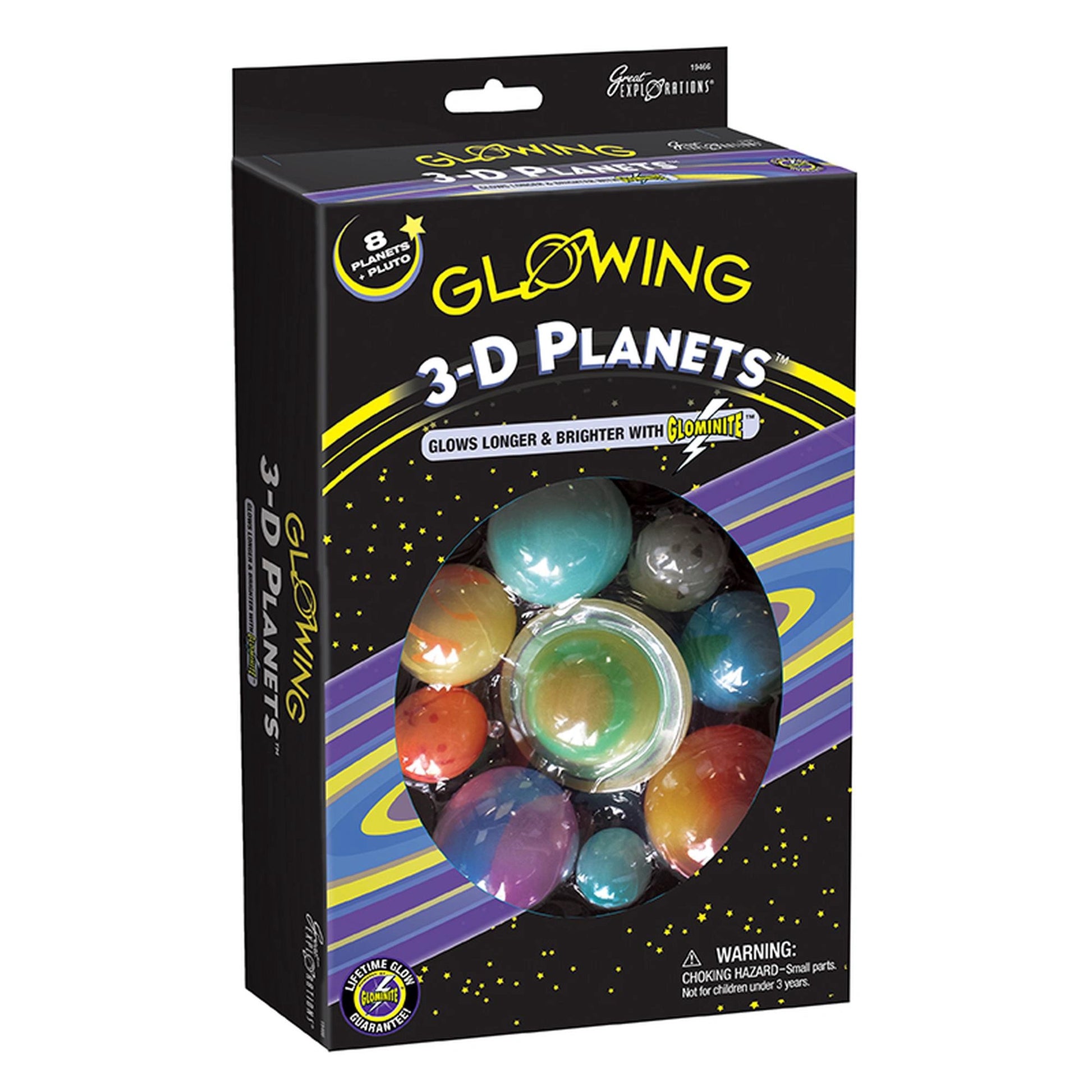 Retail box containing 9 colorful, glow-in-the-dark 3-D planets (8 Planets + Pluto)