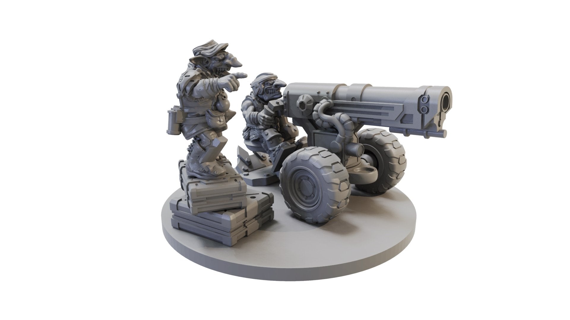 Two gray goblin-like miniatures, one pointing while another operates a large wheeled cannon