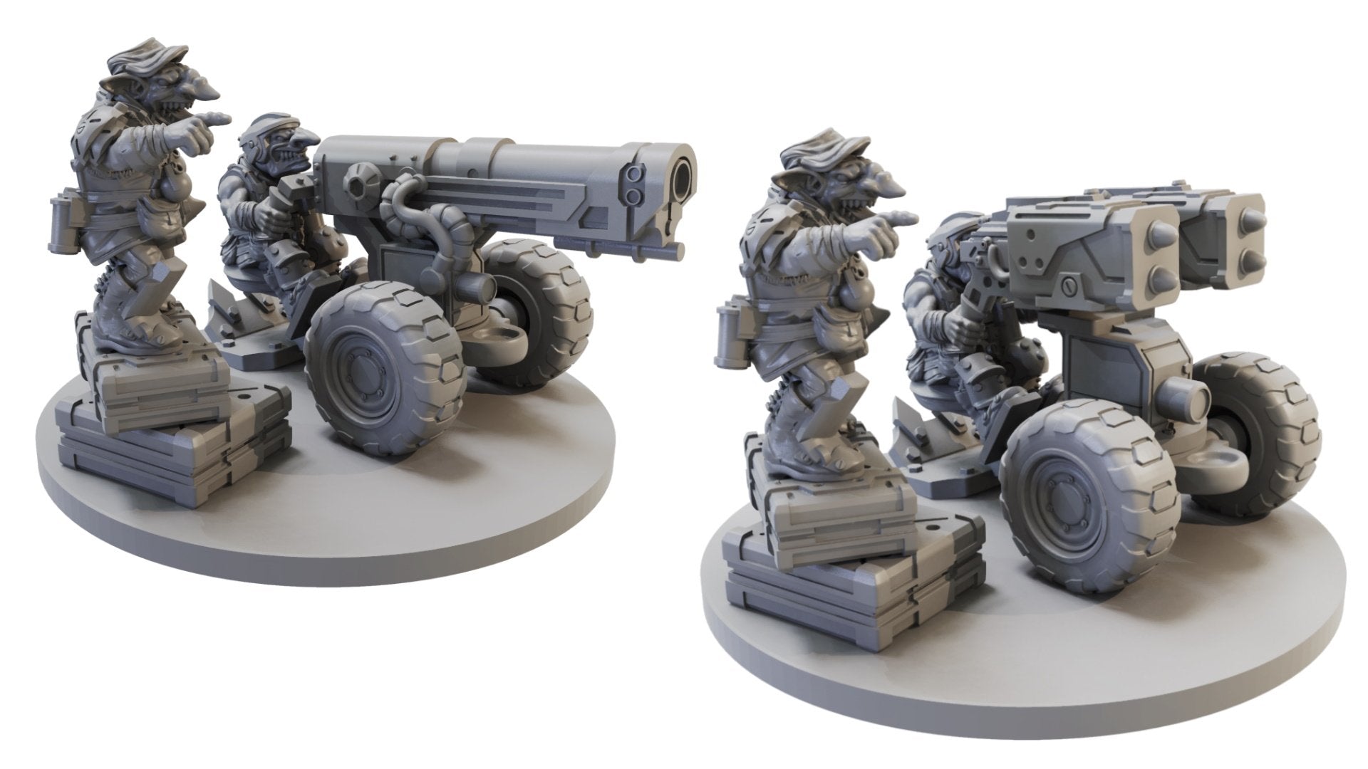 Two grey 3D renders show goblin miniatures manning a cannon and a rocket launcher. A goblin points forward