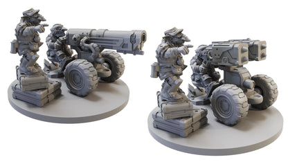 Two grey 3D renders show goblin miniatures manning a cannon and a rocket launcher. A goblin points forward