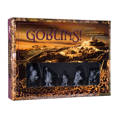 A box for Labyrinth Goblins! board game expansion, displaying five gray goblin miniatures within a clear window.
