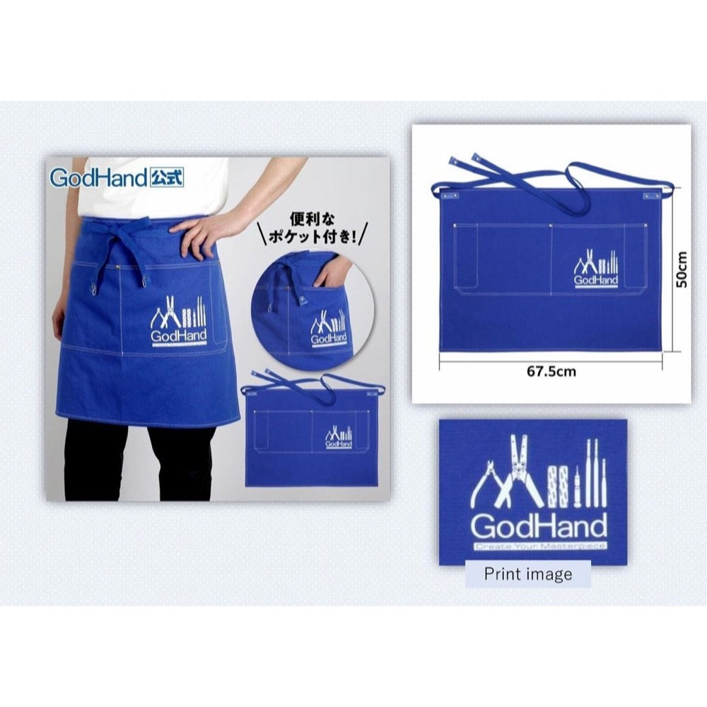 Blue GodHand half-apron worn by a person and shown flat, it features pockets, tool icons, and measurements