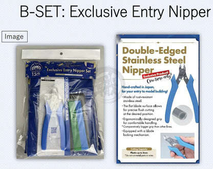 Packaged GodHand Exclusive Entry Nipper Set and a poster for a blue stainless steel nipper for model building