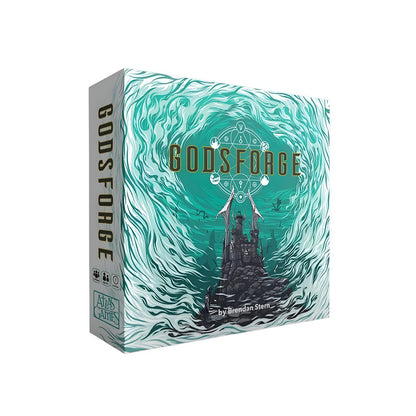 Godsforge board game box showing a dark fantasy castle on rock against swirling teal art