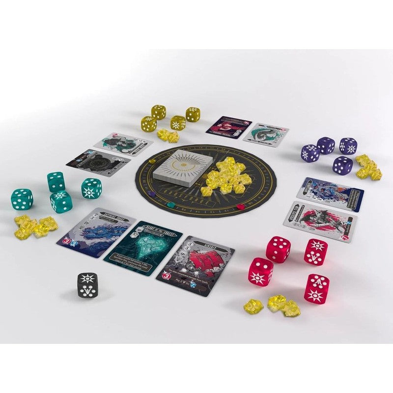 A vibrant board game layout with colorful dice, illustrated cards, yellow tokens, and a central black game mat