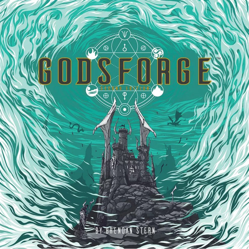 GODSFORGE: A dark cover, winged castle on a rocky outcrop, framed by a swirling teal energy vortex
