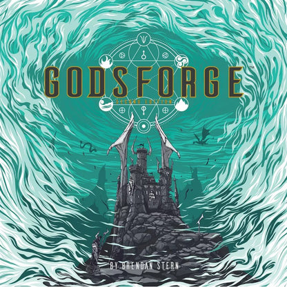 GODSFORGE: A dark cover, winged castle on a rocky outcrop, framed by a swirling teal energy vortex