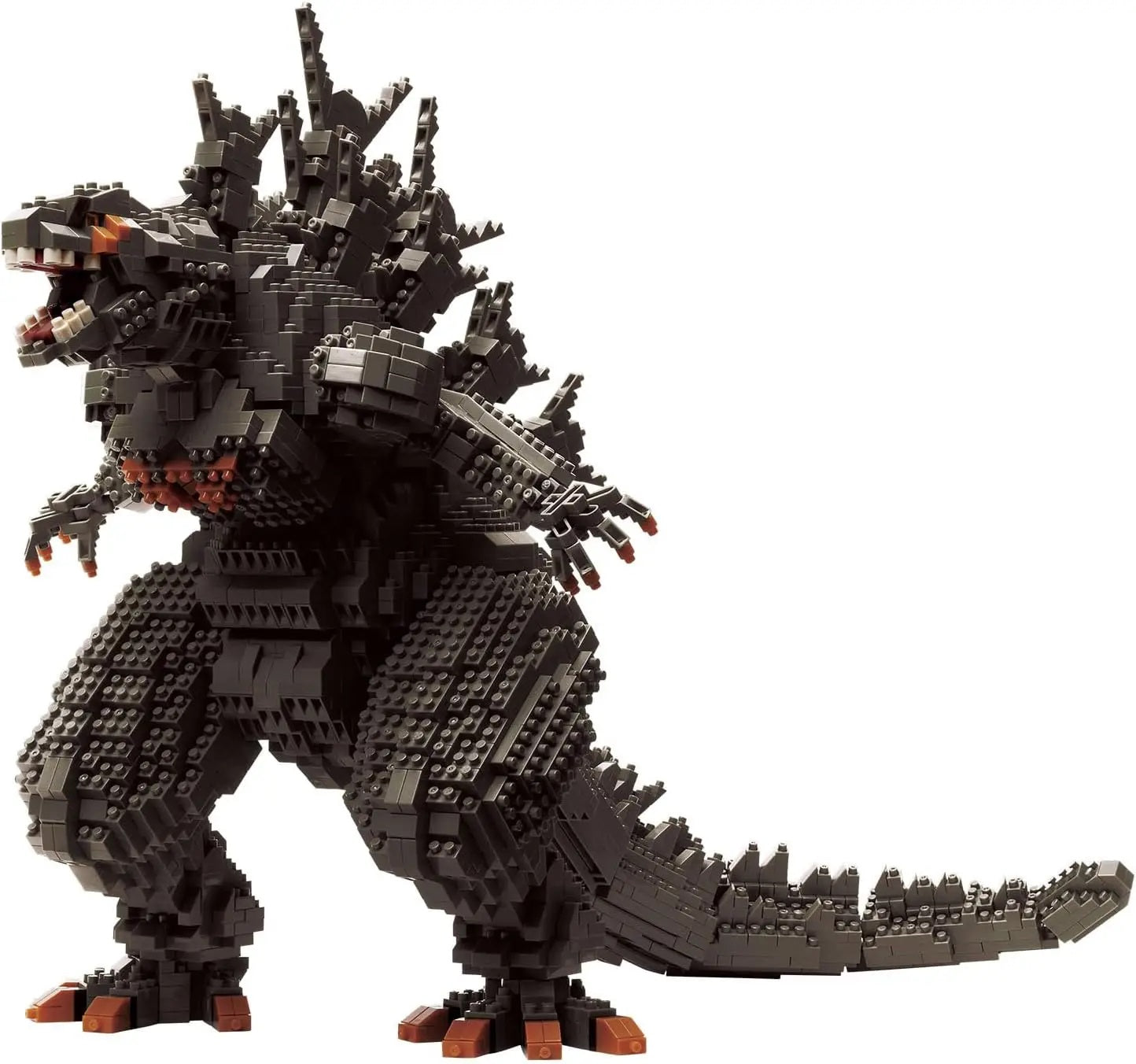 A large, detailed Godzilla figure built entirely from black and grey plastic building bricks
