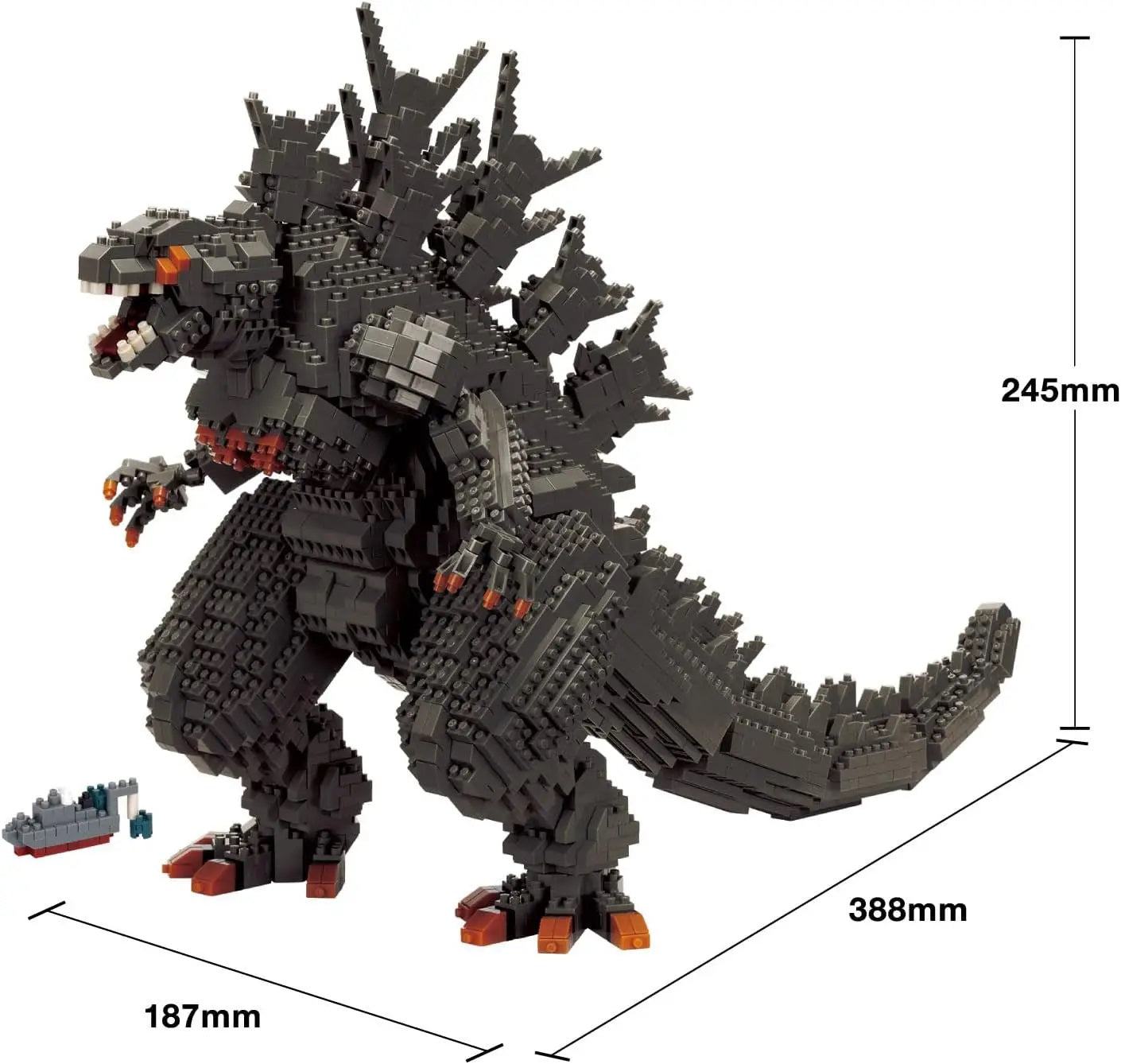 Detailed black Godzilla figure built from construction blocks, shown in a roaring pose with overlaid product dimensions