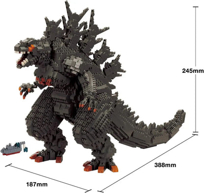 Detailed black Godzilla figure built from construction blocks, shown in a roaring pose with overlaid product dimensions