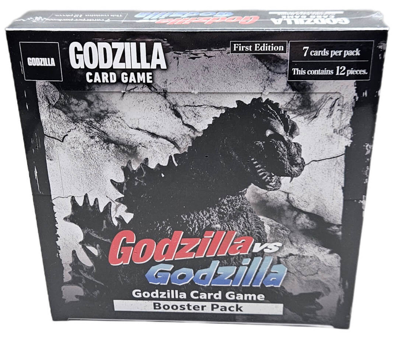 Godzilla Card Game First Edition display box with a roaring grayscale Godzilla and "Godzilla vs Godzilla" title