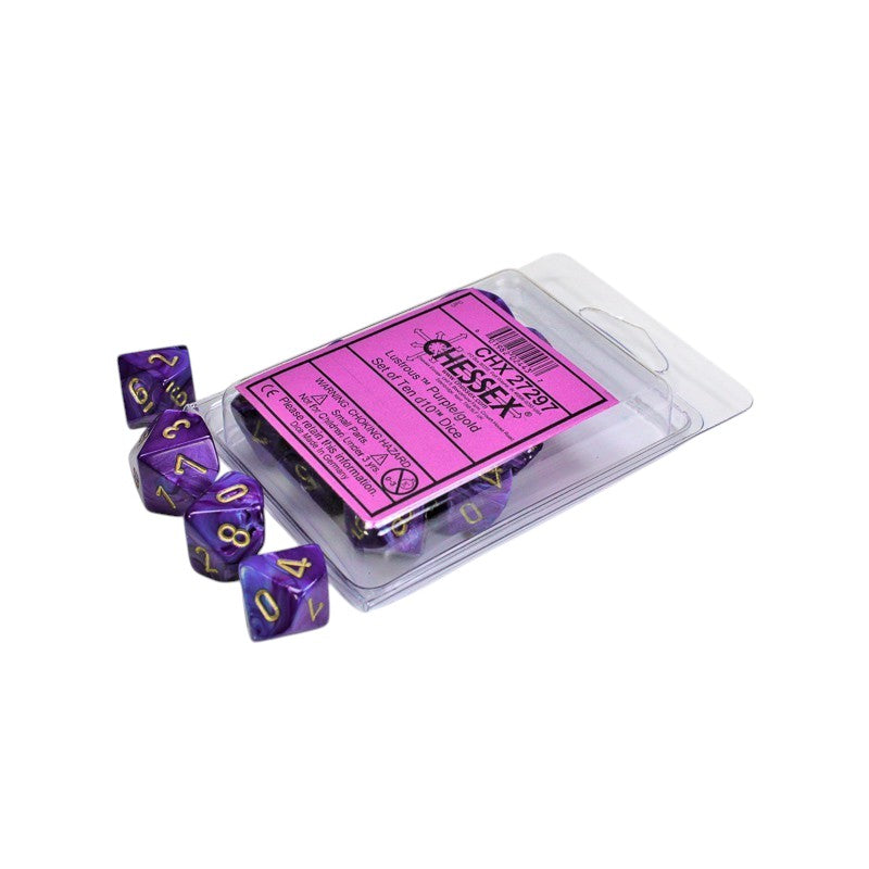 A Chessex set of ten purple and gold d10 dice, with some dice out of their clear plastic packaging