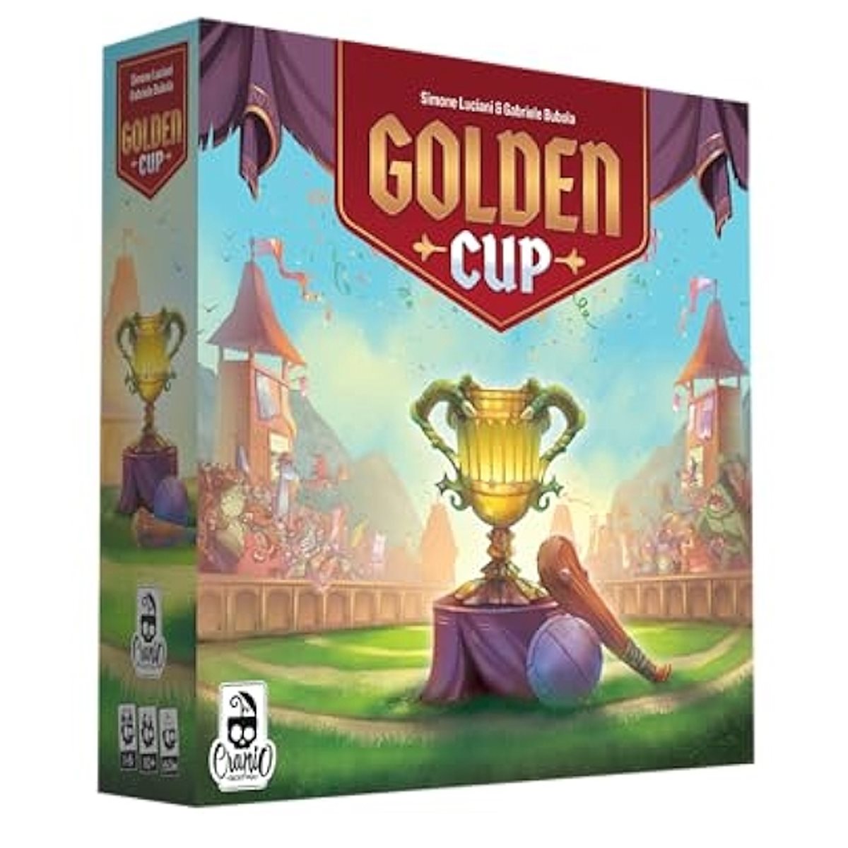 Golden Cup board game box showing a large golden trophy, bat, and ball in a monster stadium