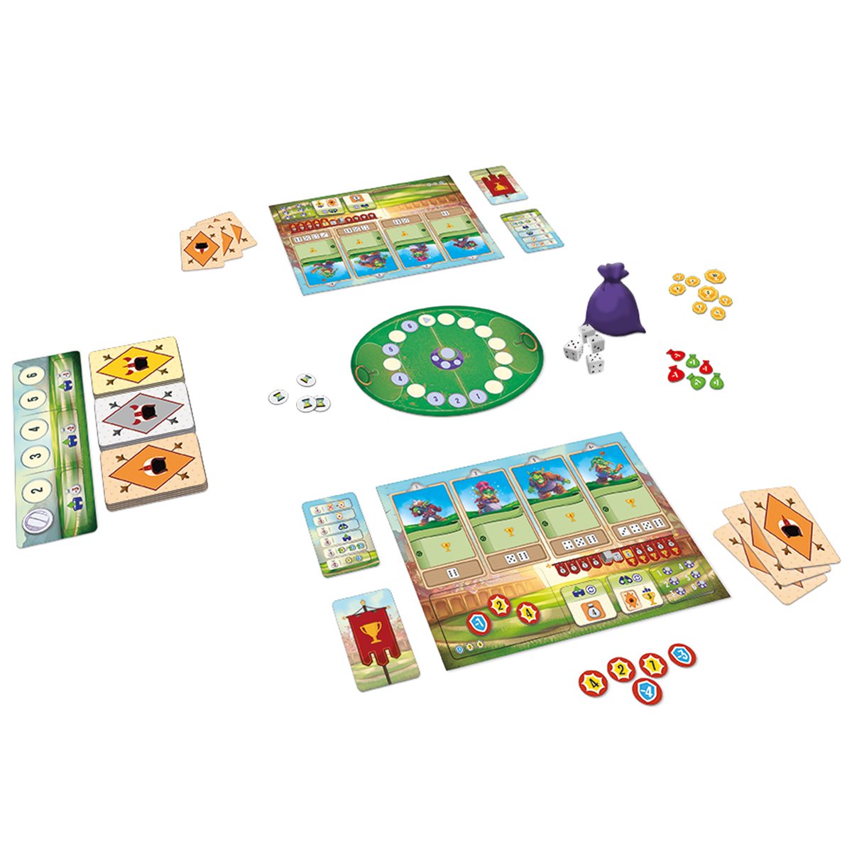 Components of a Golden Cup board game, including two player boards, a circular green game board, cards, dice, and tokens